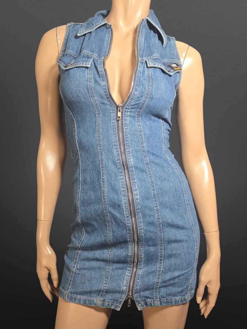 Vintage 90s Parasuco Denim Mini Dress Size XS Sleeveless Full Zip Cut Out Back
